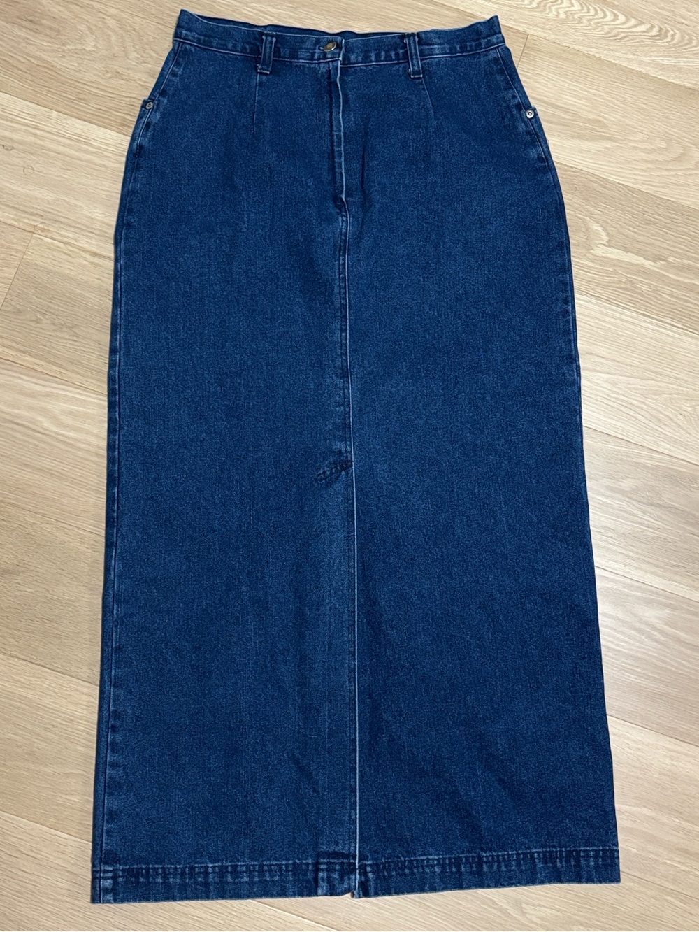 Vintage Simon Chang (12) Dark Wash Denim Maxi Skirt Back Slit 100% Cotton - Picture 8 of 15